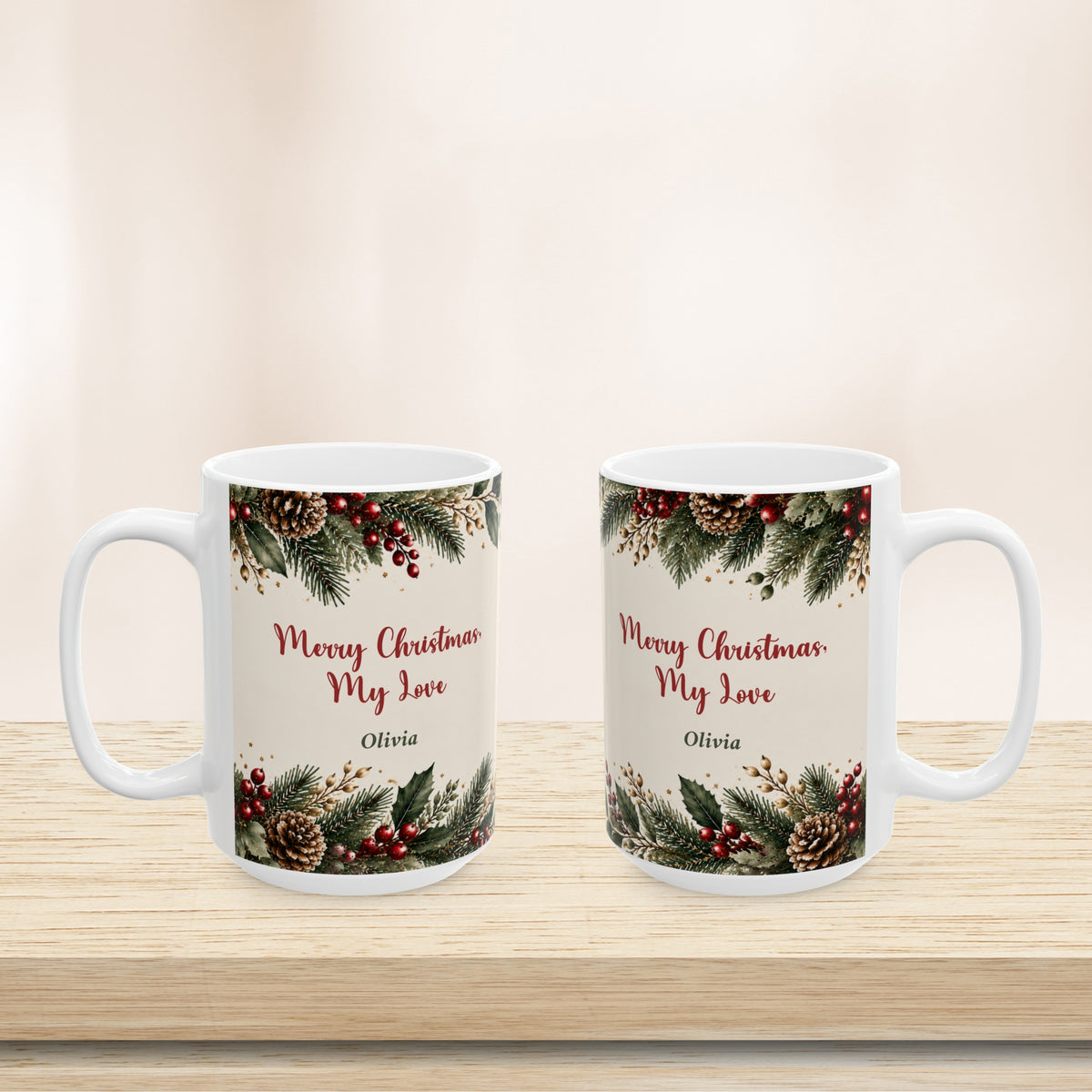 Two Merry Christmas My Love mugs on a wooden shelf, front view