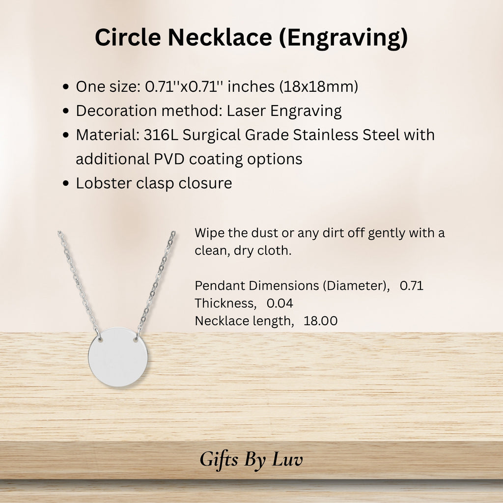 Engraved disc necklace details: stainless steel, laser engraving, chain length and pendant size