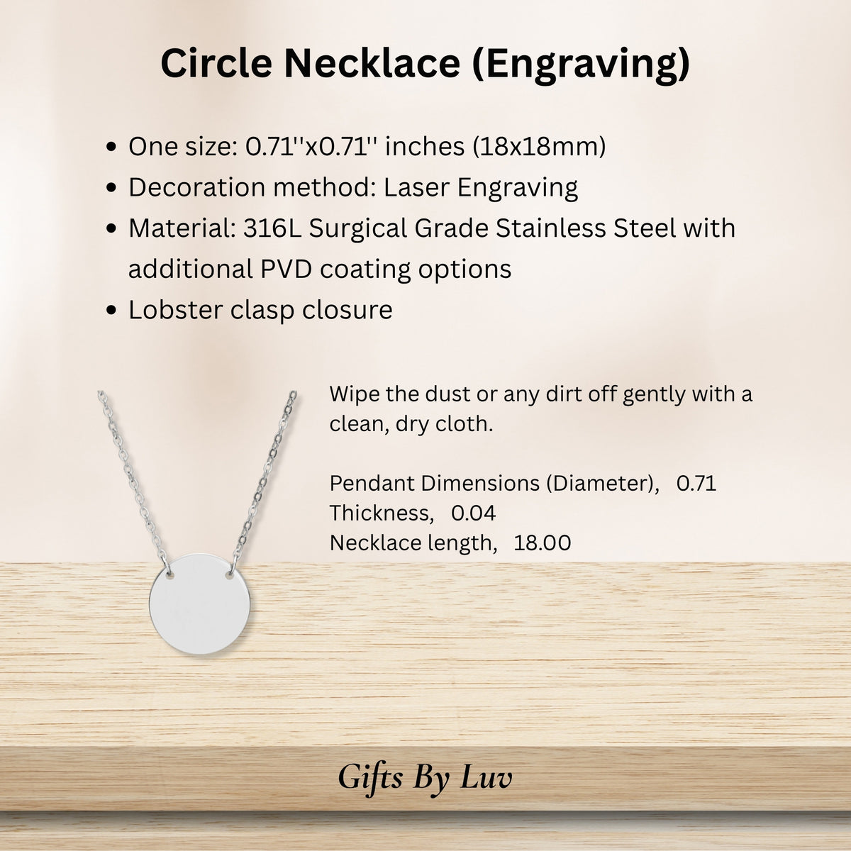 Engraved disc necklace details: stainless steel, laser engraving, chain length and pendant size