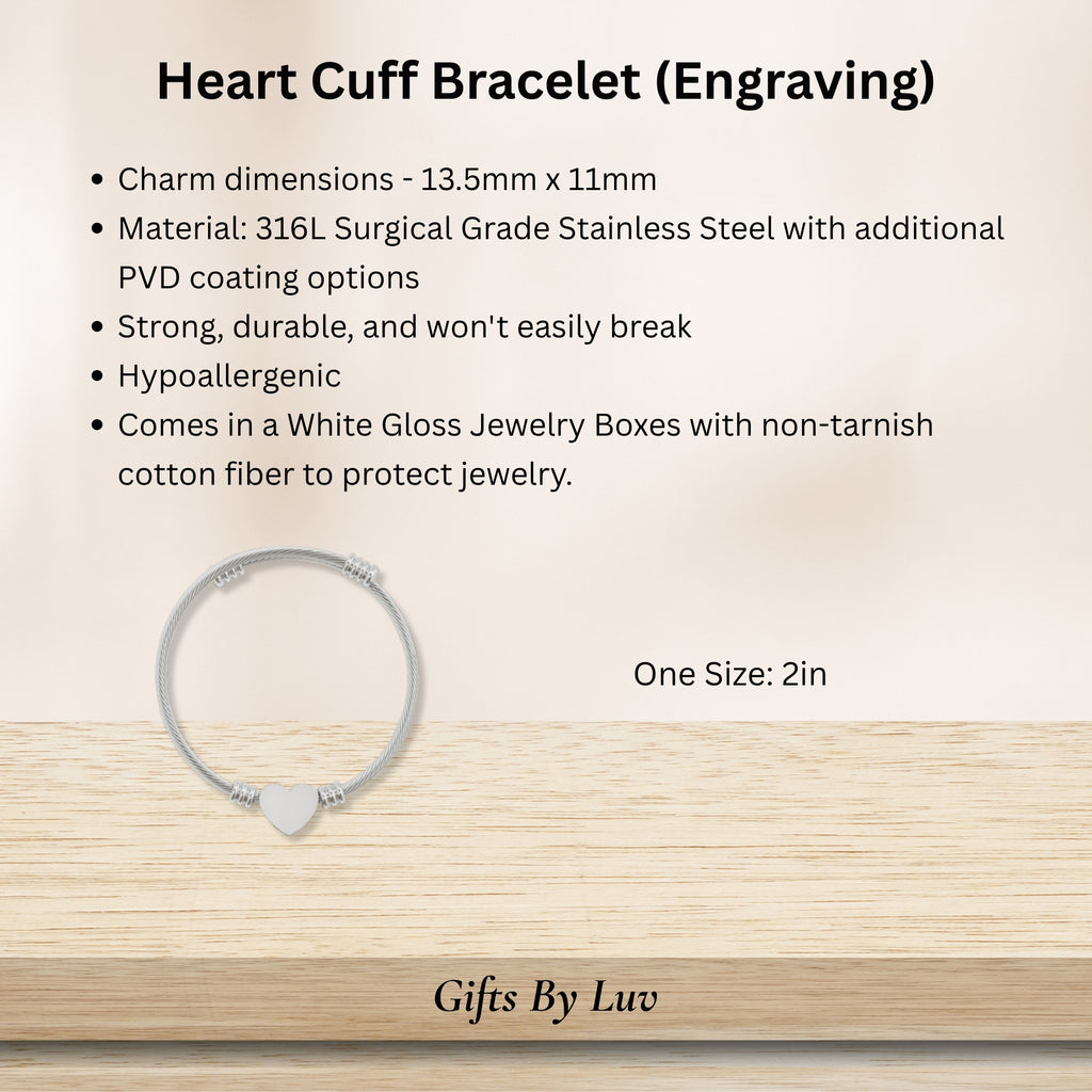 Engraved heart cuff bracelet details: stainless steel, heart charm size, one size