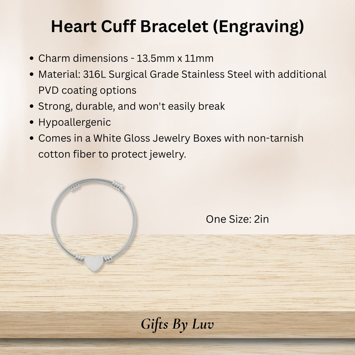 Engraved heart cuff bracelet details: stainless steel, heart charm size, one size