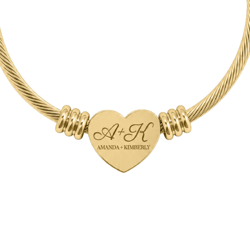 Best friend heart cuff bracelet in gold finish, heart charm engraved with two initials and both names, close-up