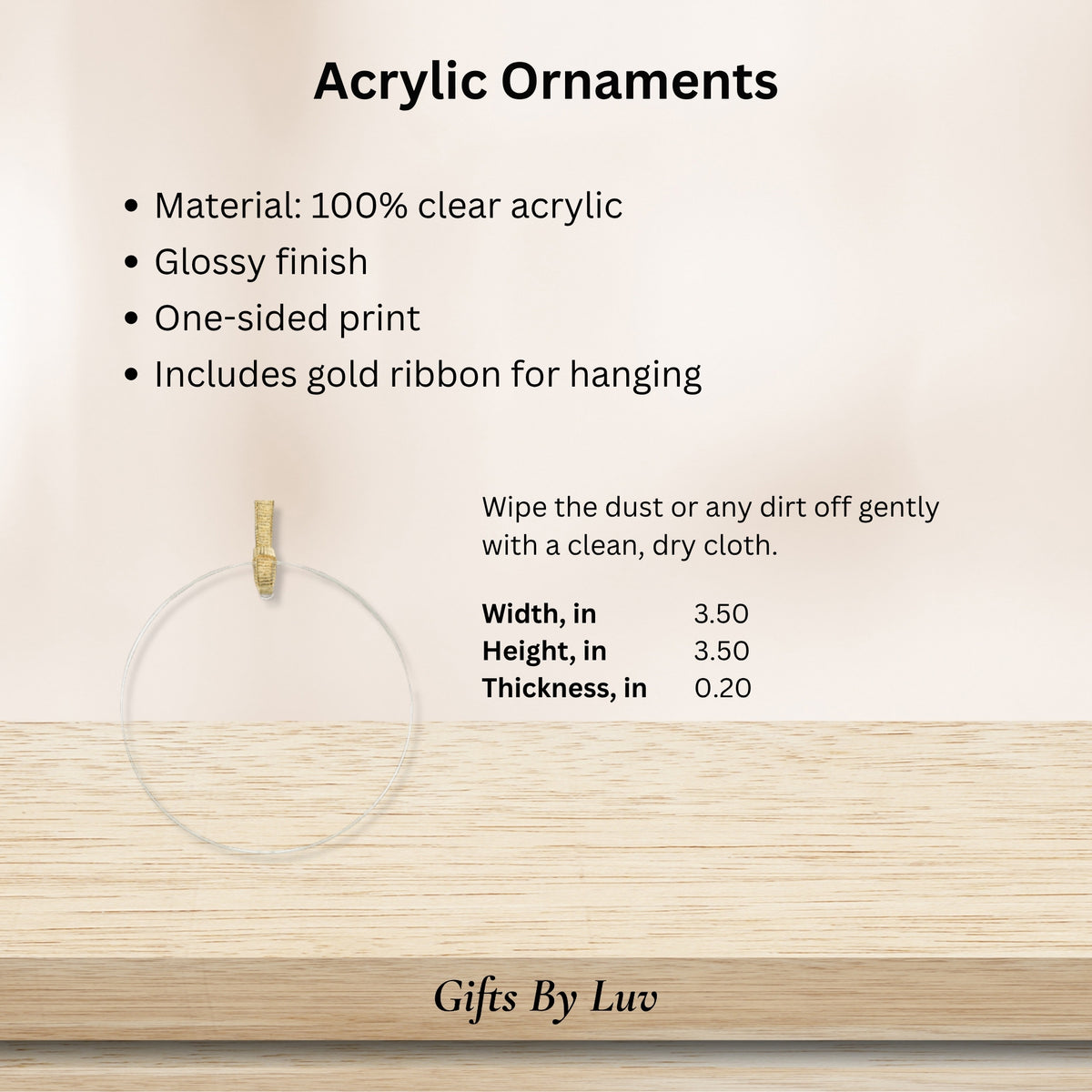 Acrylic ornament details: clear acrylic, one-sided print, gold ribbon