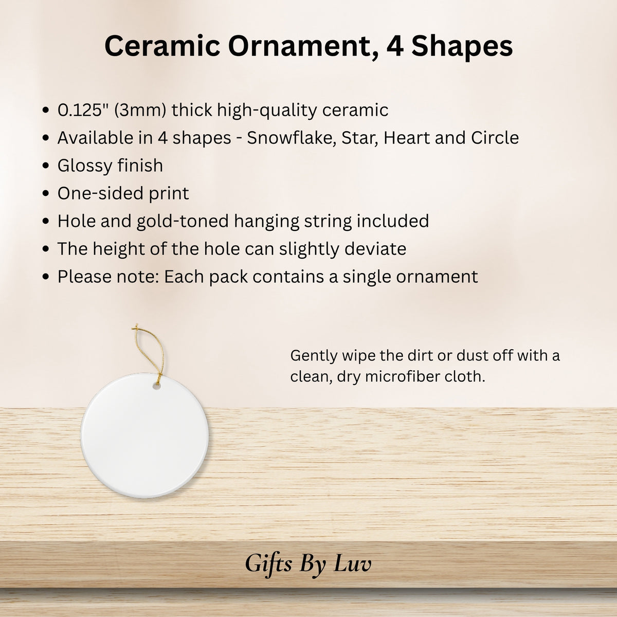 Ceramic ornament details: 3 mm ceramic, glossy one-sided print, gold-tone string