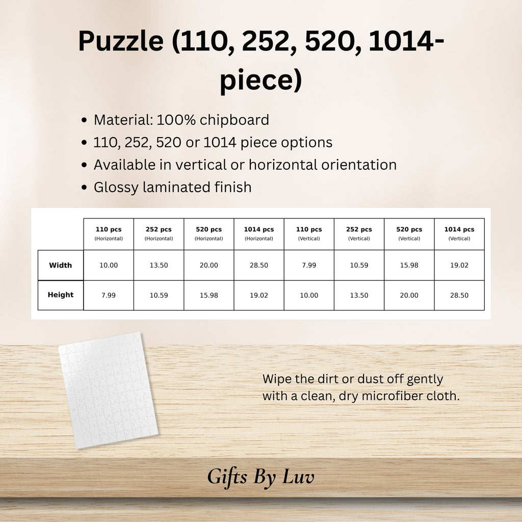 Photo puzzle size chart and details for 110, 252, 520 and 1014 pieces