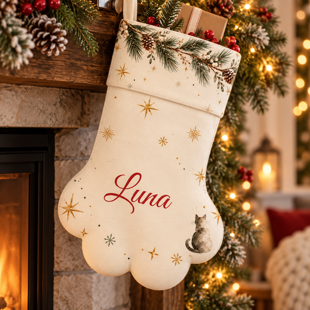 Personalized Cat Christmas Stocking Paw Shape with Cat Name