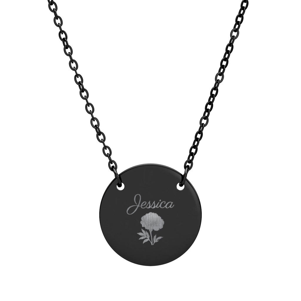 October birth flower necklace in black, engraved with a marigold and the name Jessica