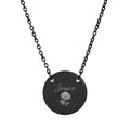 October birth flower necklace in black, engraved with a marigold and the name Jessica