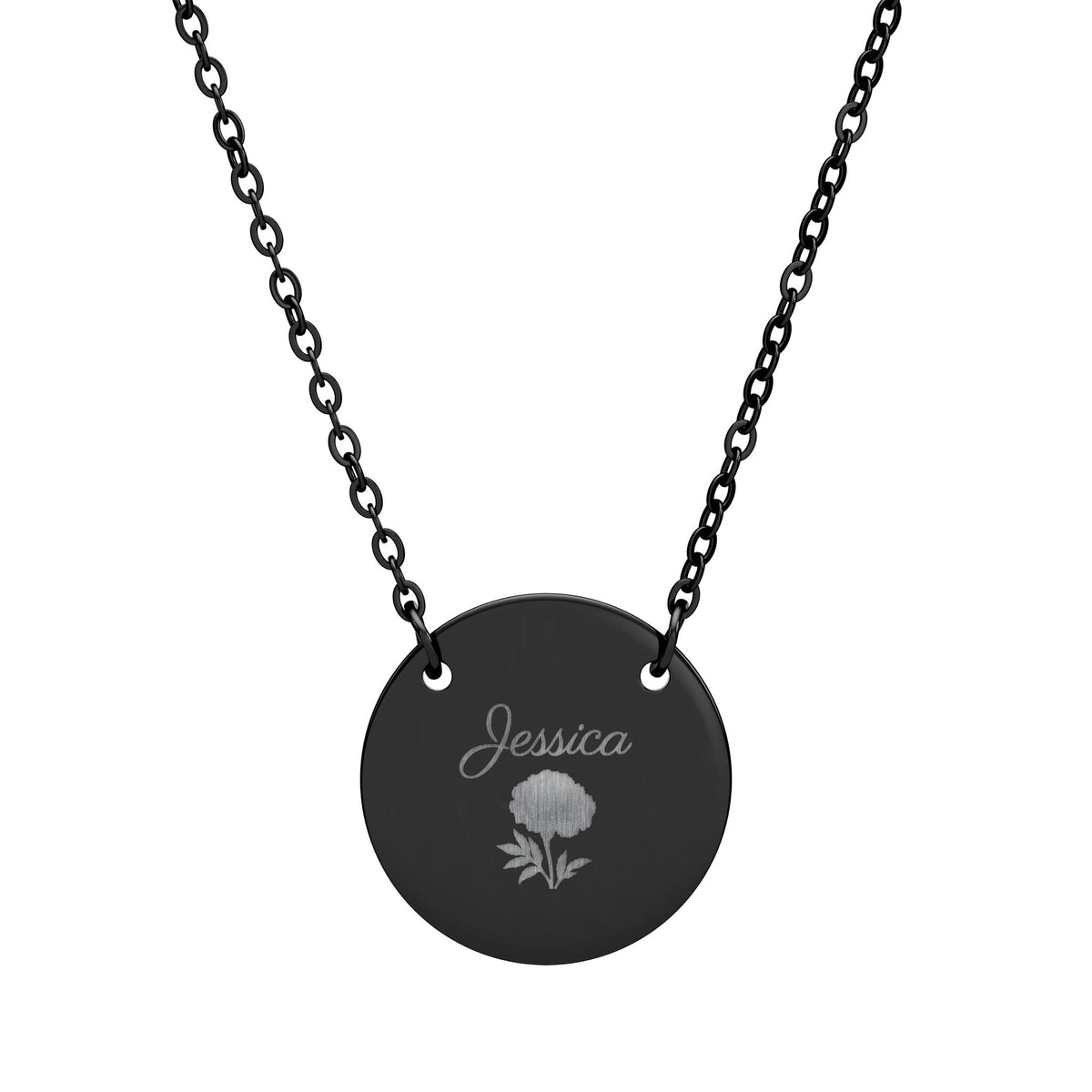 October birth flower necklace in black, engraved with a marigold and the name Jessica