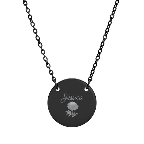 October birth flower necklace in black, engraved with a marigold and the name Jessica
