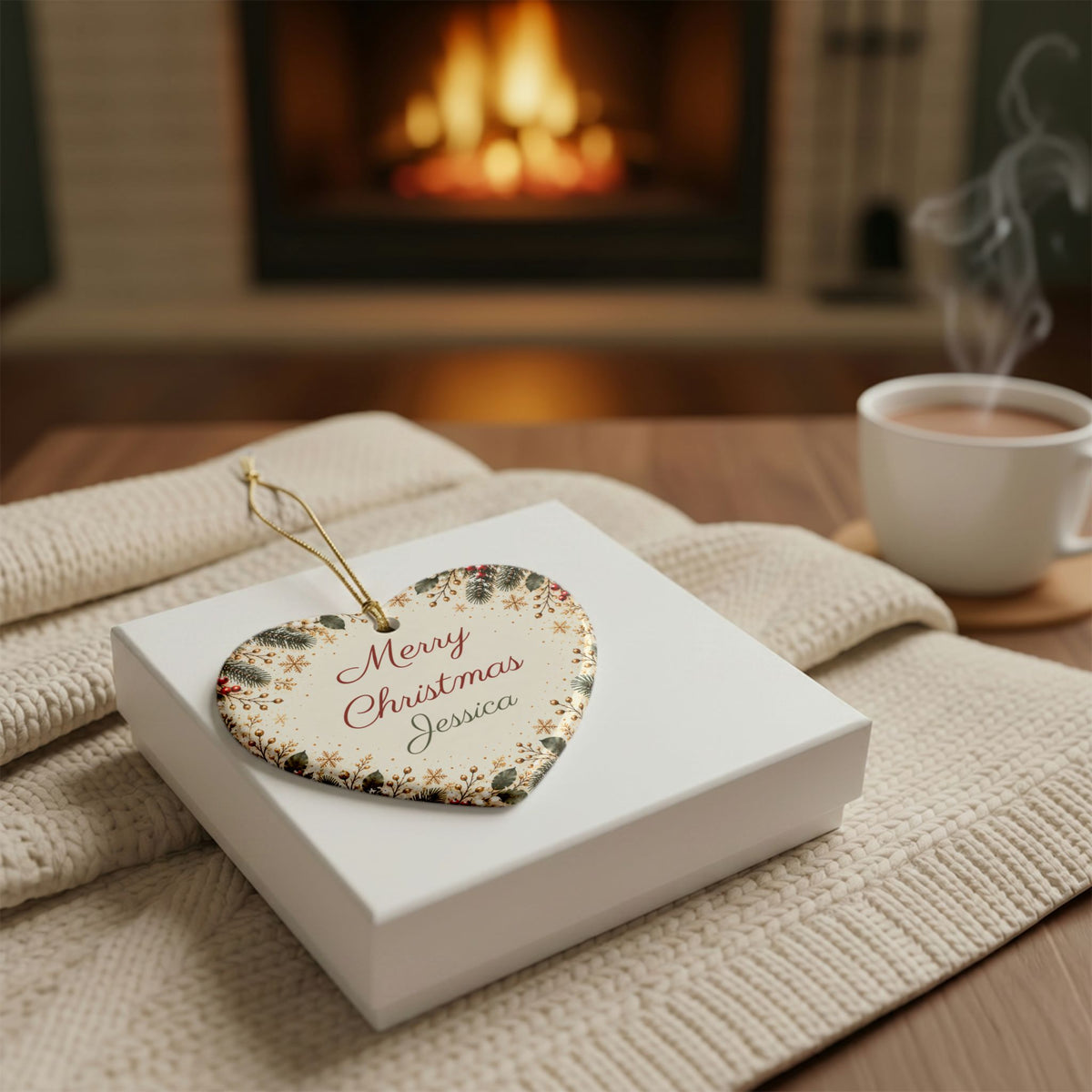 Heart personalized Christmas ornament on a white gift box by the fireplace