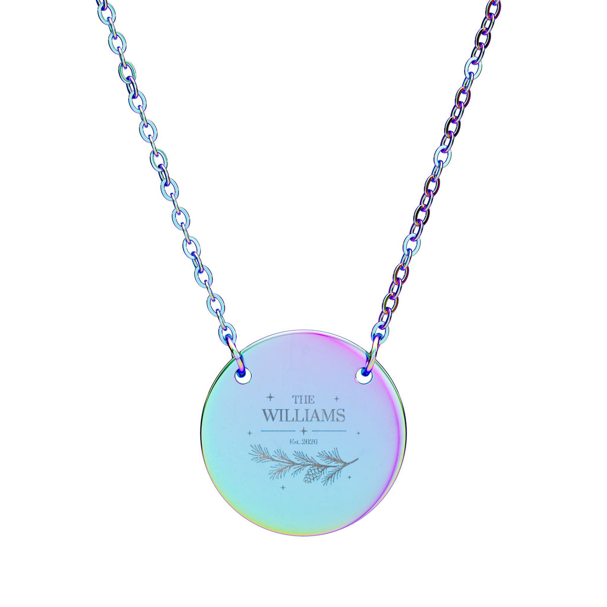 Family name necklace in rainbow finish, engraved with The Williams, an established year and a pine branch