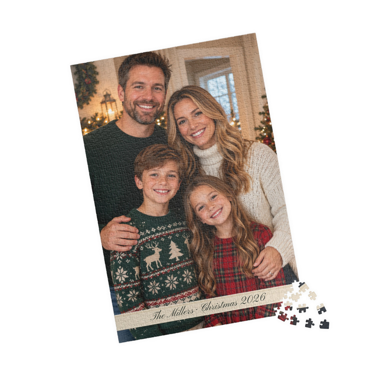 Completed portrait family photo puzzle with a few loose pieces