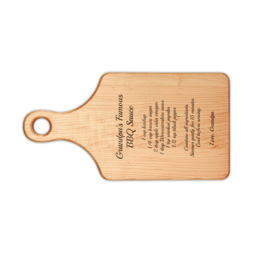 Grandpa's BBQ recipe cutting board, maple paddle board engraved with Grandpa's Famous BBQ Sauce recipe