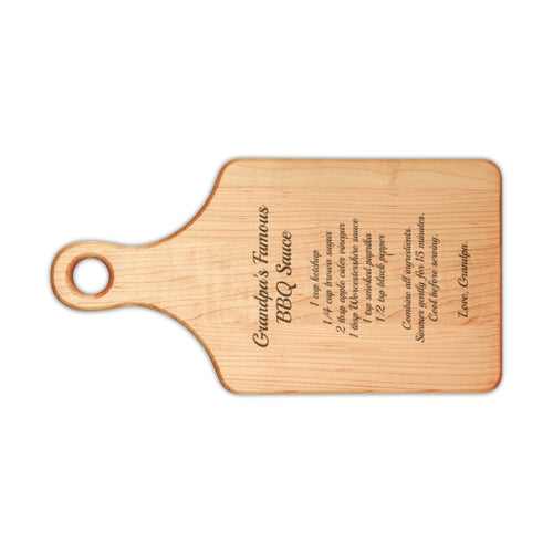 Grandpa's BBQ recipe cutting board, maple paddle board engraved with Grandpa's Famous BBQ Sauce recipe