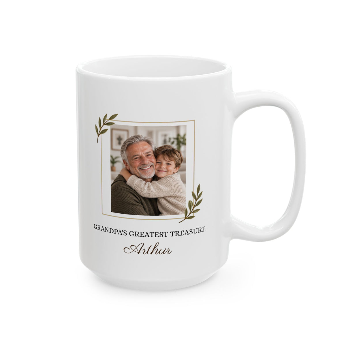 Grandpa photo mug, 15 oz white ceramic, front view with the photo frame and Grandpa's Greatest Treasure