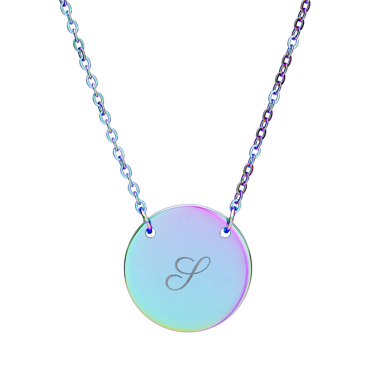 Personalized initial disc necklace in rainbow finish, engraved with a script initial J