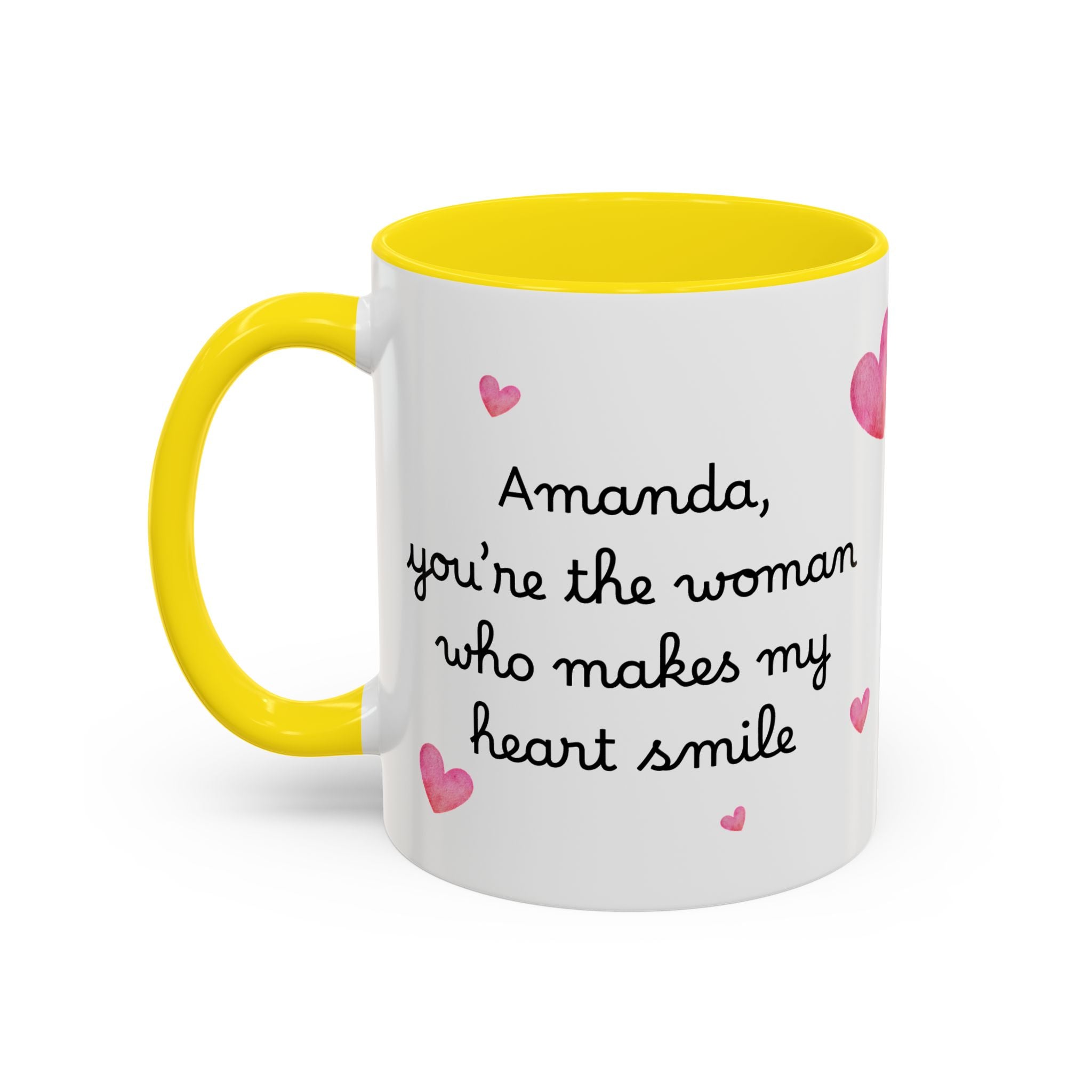Personalized Heart Coffee Mug — "[Name], you’re the woman who makes my heart smile" (Accent 11/15oz)
