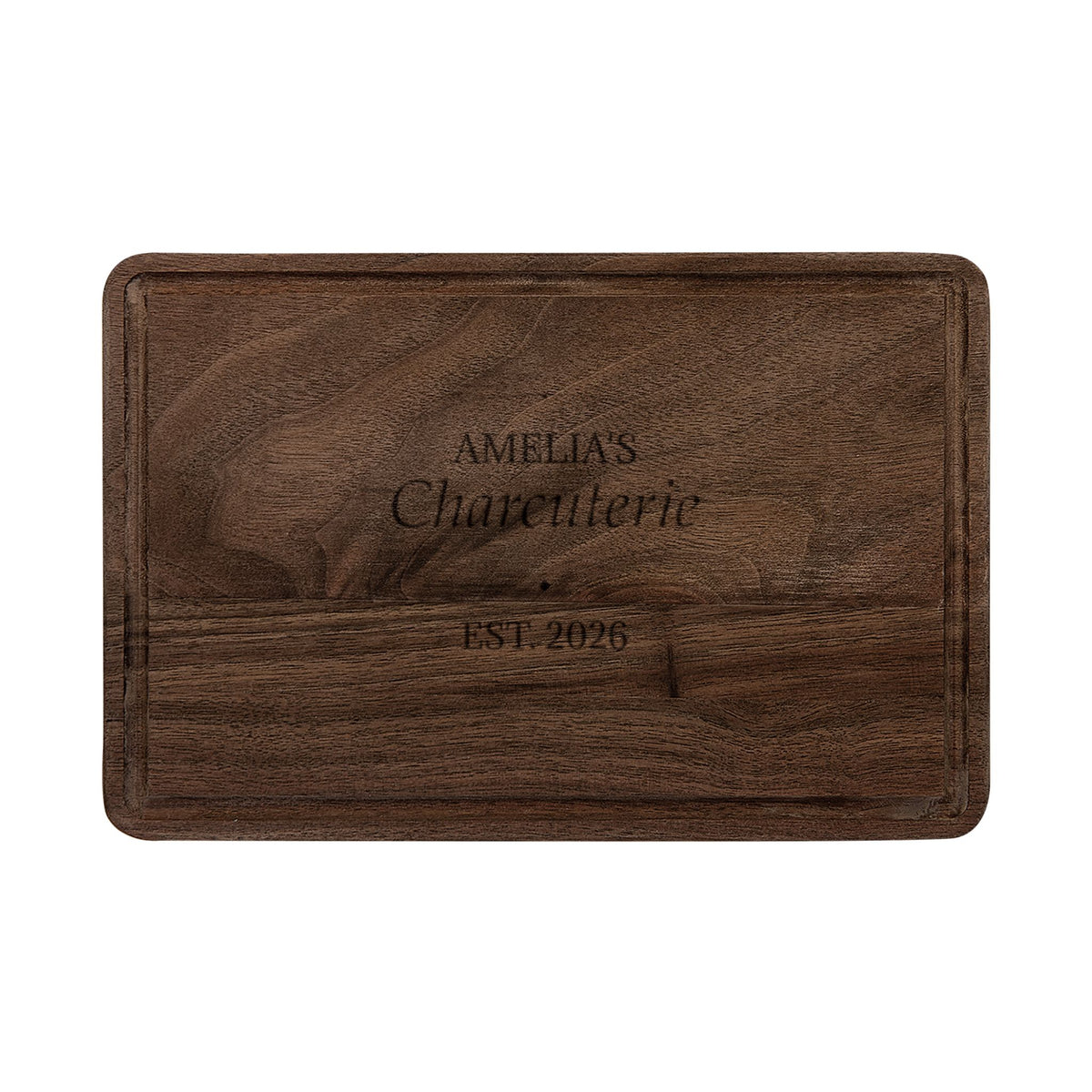 Personalized charcuterie board, walnut with drip ring, engraved with name, Charcuterie and year
