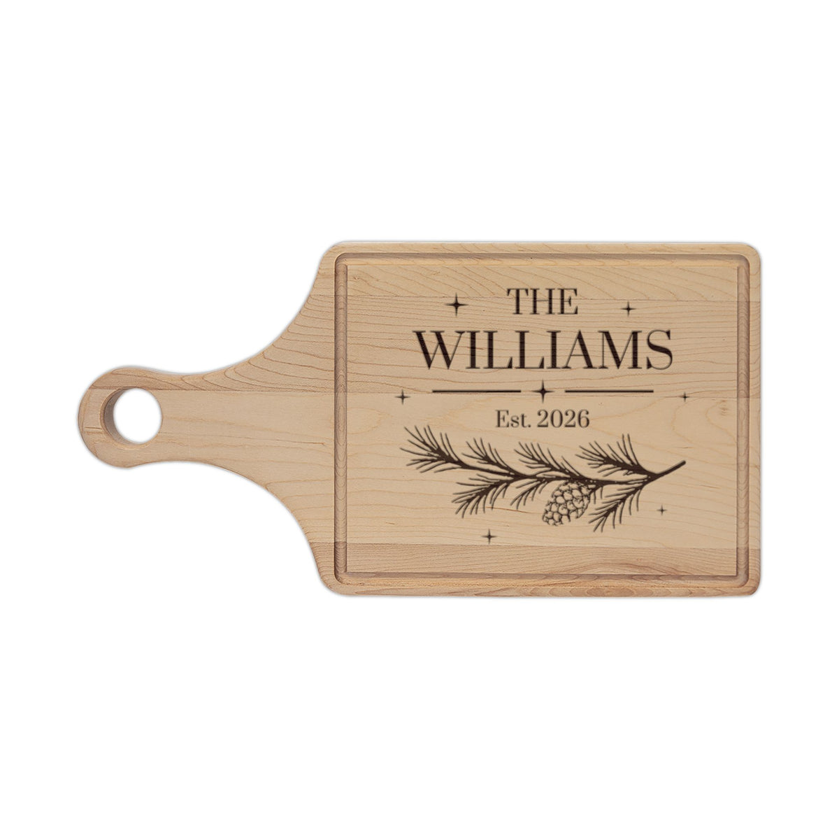 Family name cutting board, maple paddle board with drip ring, engraved with The Williams, Est. year and a pine branch