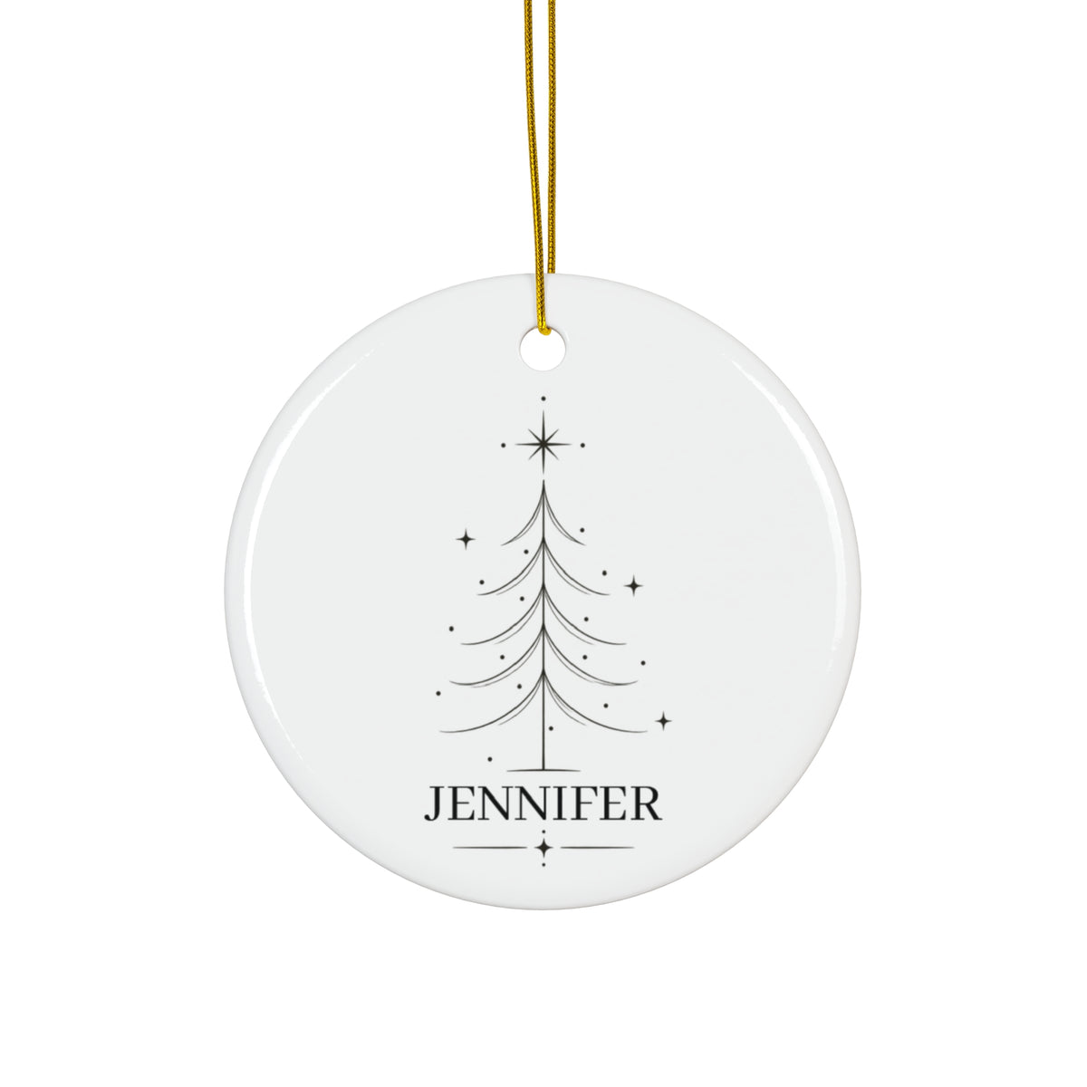 Minimal Christmas tree name ornament, round white ceramic with line-art tree and name Jennifer