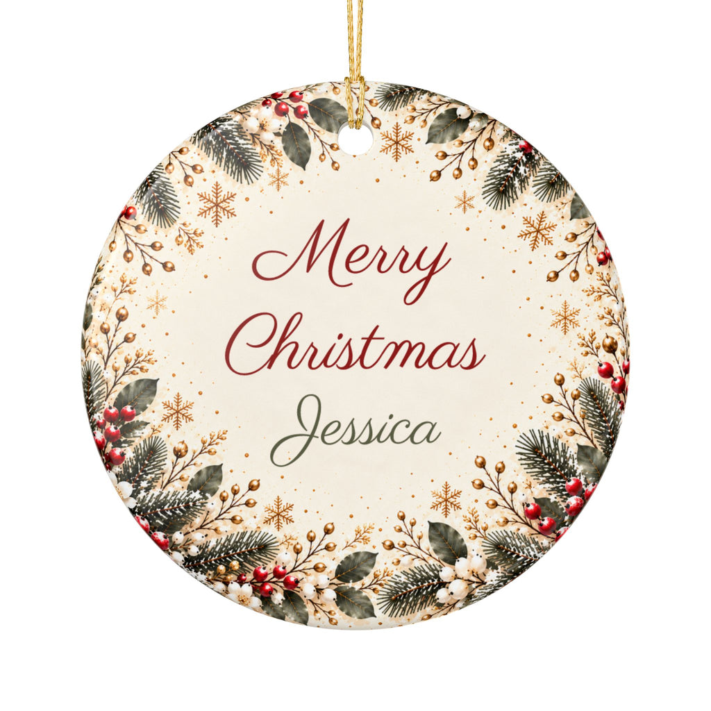Round teacher Christmas ornament with name, close-up on white
