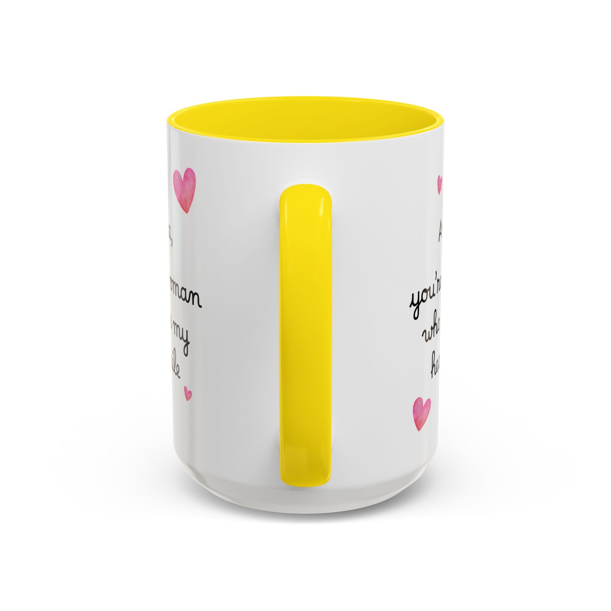 Personalized Heart Coffee Mug — "[Name], you’re the woman who makes my heart smile" (Accent 11/15oz)