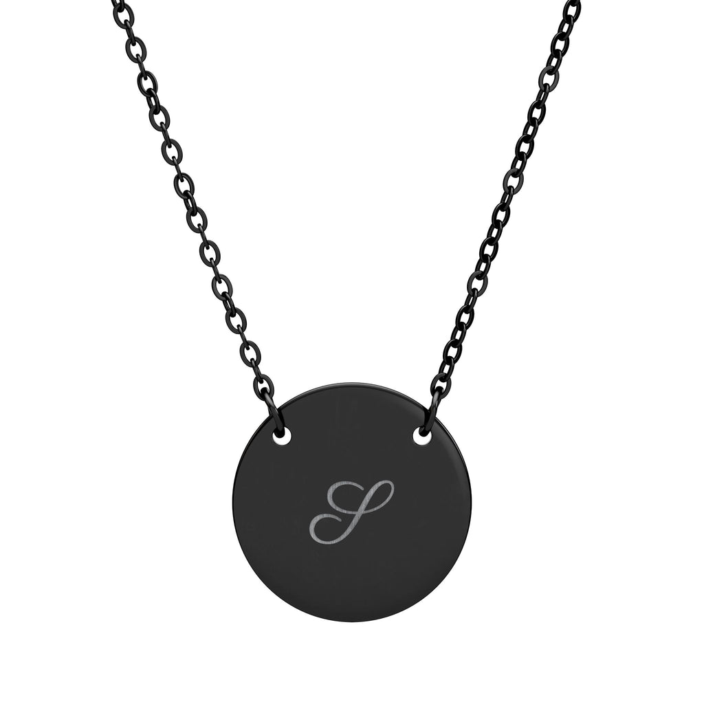 Personalized initial disc necklace in black, engraved with a script initial J