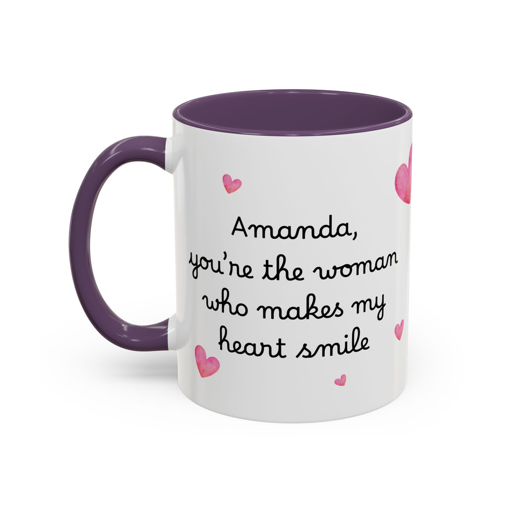Personalized Heart Coffee Mug — "[Name], you’re the woman who makes my heart smile" (Accent 11/15oz)