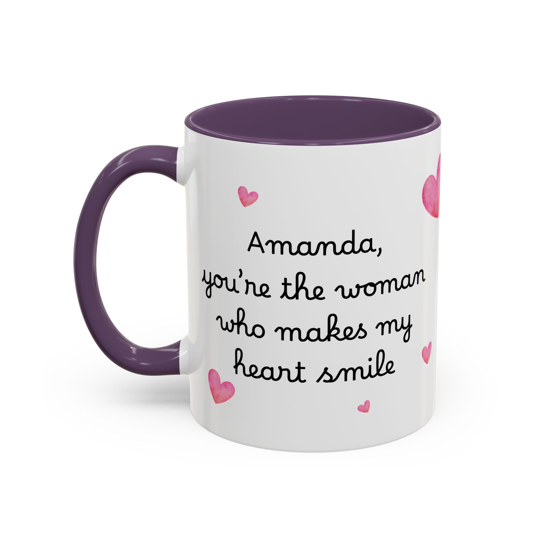 Personalized Heart Coffee Mug — "[Name], you’re the woman who makes my heart smile" (Accent 11/15oz)
