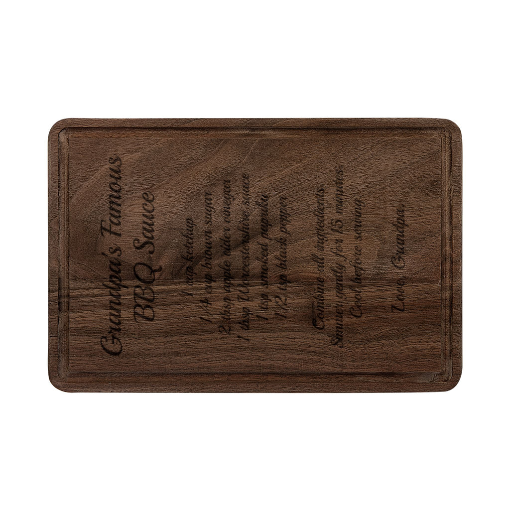 Grandpa's BBQ recipe cutting board, walnut rectangle board with drip ring, engraved with Grandpa's Famous BBQ Sauce recipe