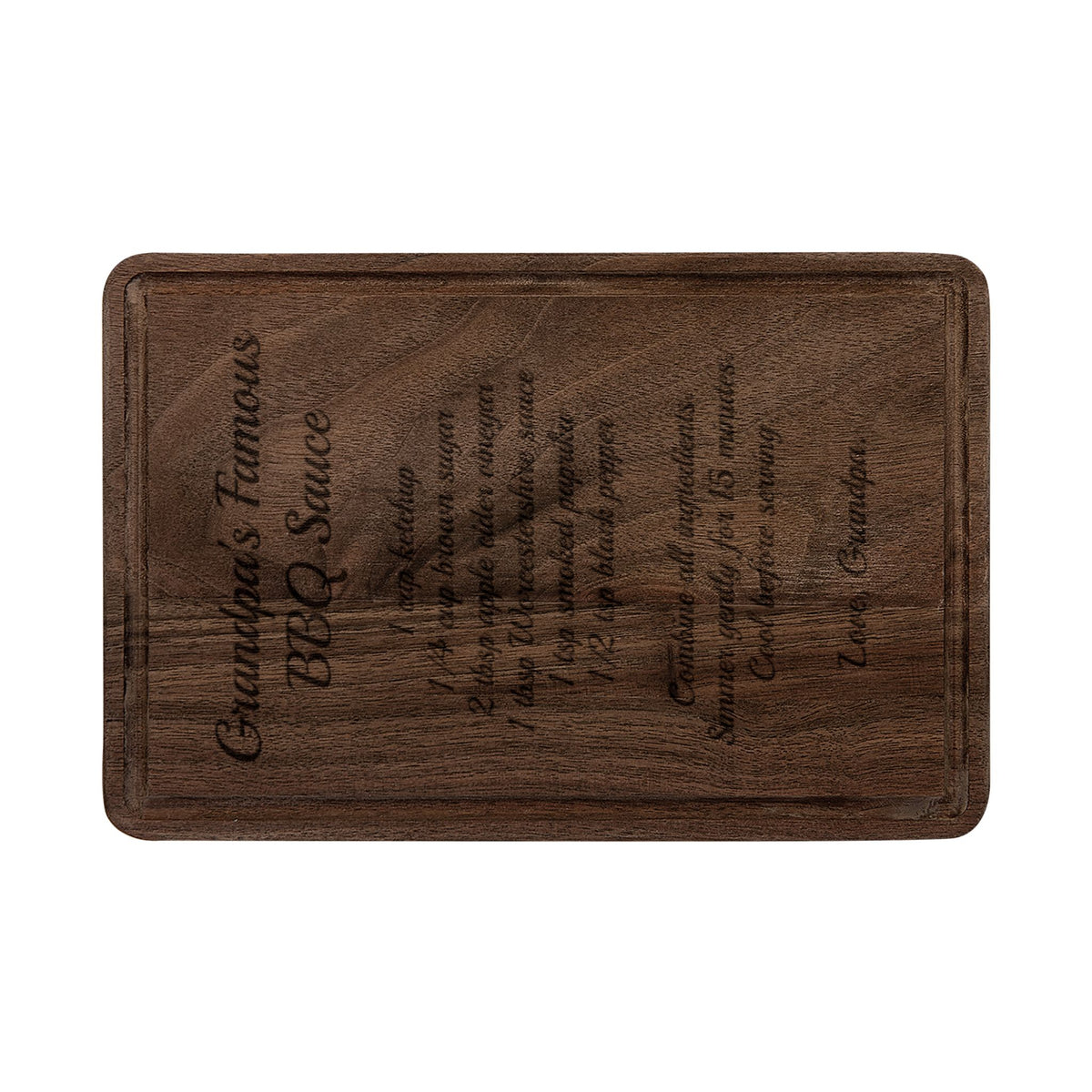 Grandpa's BBQ recipe cutting board, walnut rectangle board with drip ring, engraved with Grandpa's Famous BBQ Sauce recipe