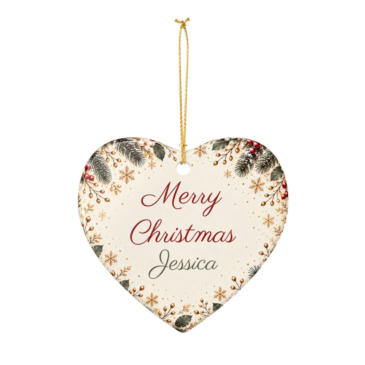 Heart-shaped teacher ornament with winter greenery, front view