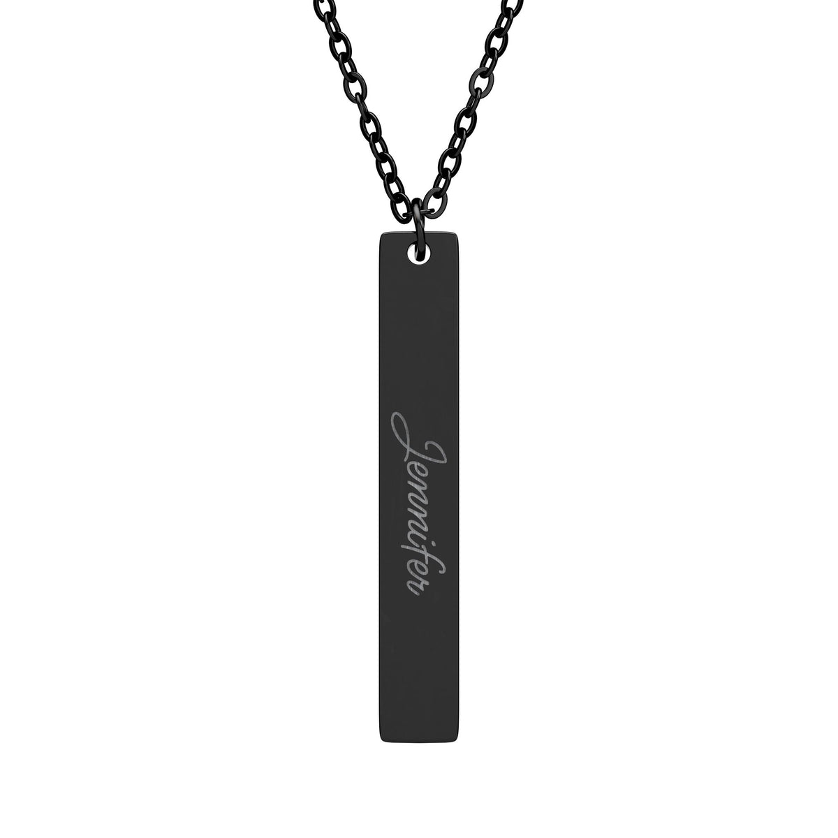 Personalized vertical name bar necklace in black, engraved with a name in script