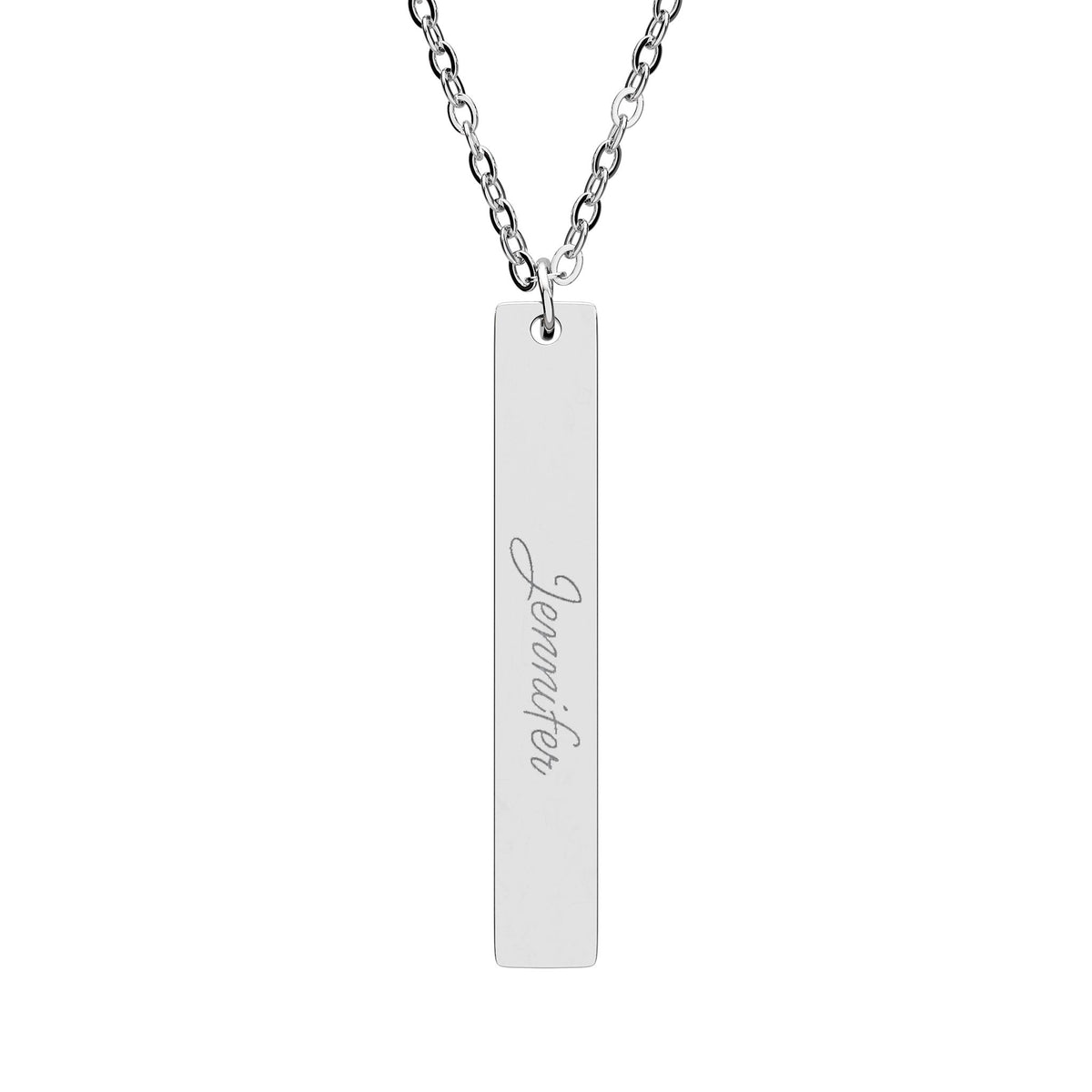 Personalized vertical name bar necklace in stainless steel, engraved with a name in script