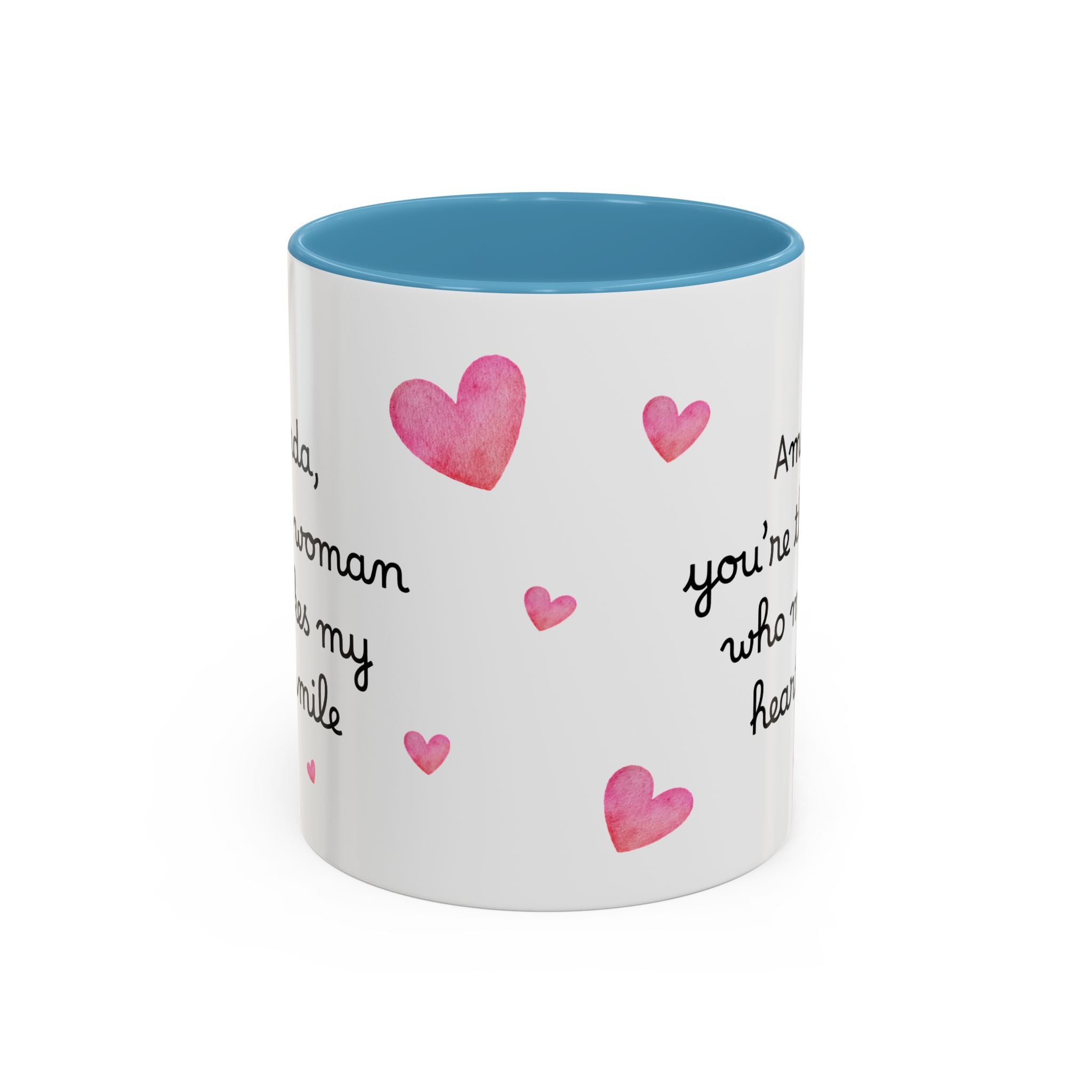 Personalized Heart Coffee Mug — "[Name], you’re the woman who makes my heart smile" (Accent 11/15oz)