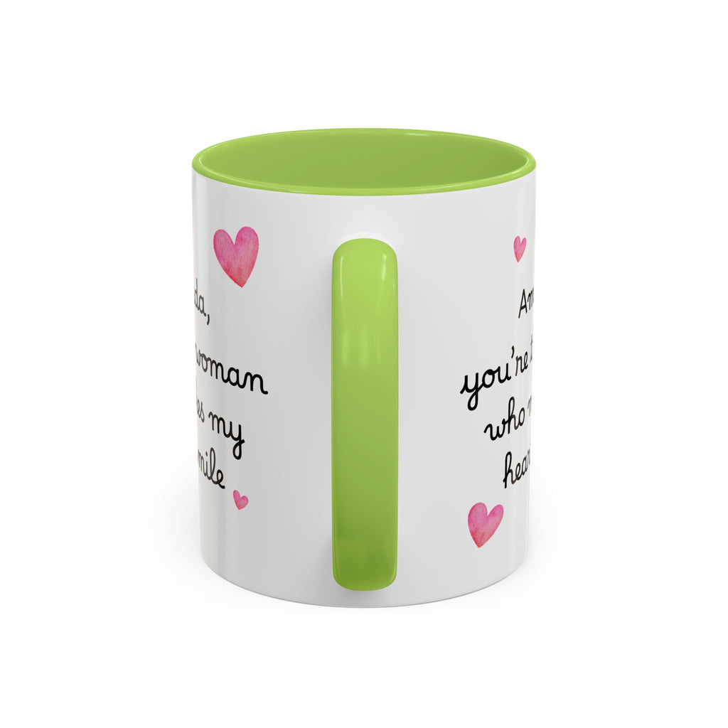 Personalized Heart Coffee Mug — "[Name], you’re the woman who makes my heart smile" (Accent 11/15oz)