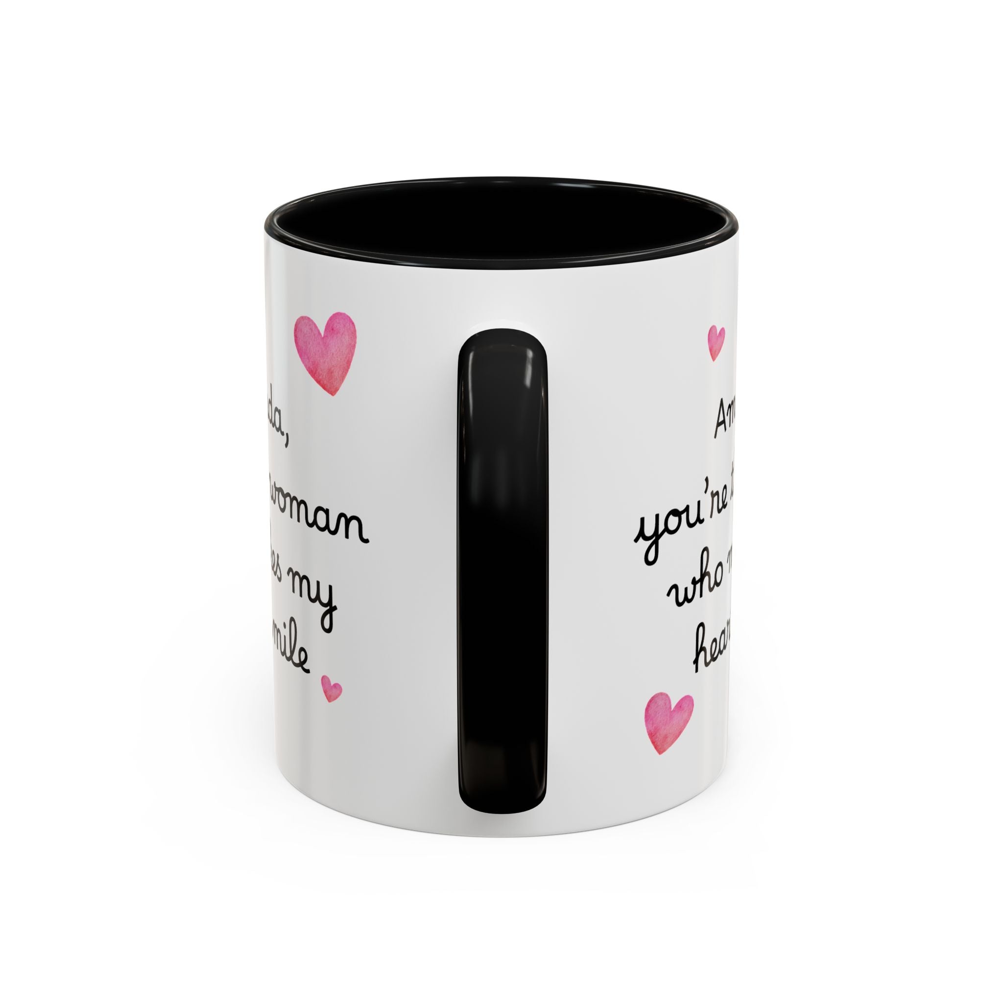 Personalized Heart Coffee Mug — "[Name], you’re the woman who makes my heart smile" (Accent 11/15oz)