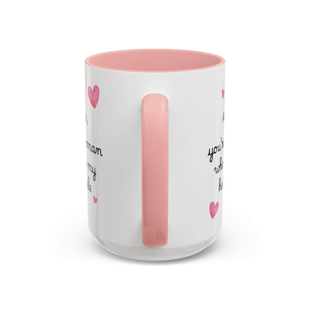 Personalized Heart Coffee Mug — "[Name], you’re the woman who makes my heart smile" (Accent 11/15oz)