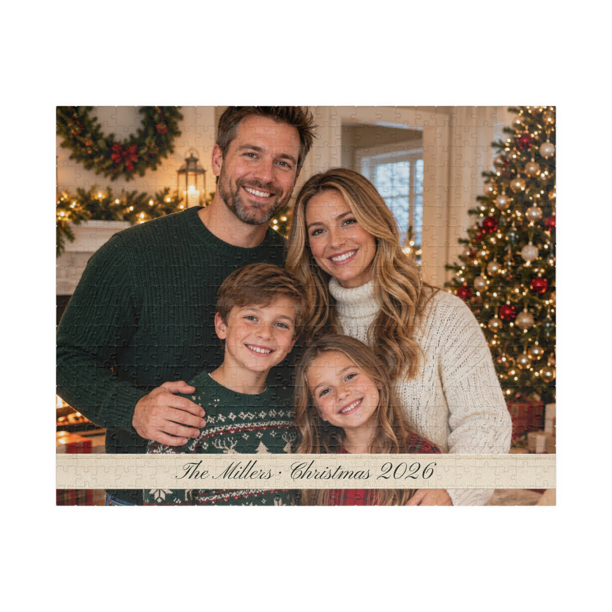 Personalized family photo jigsaw puzzle with a custom text line, landscape