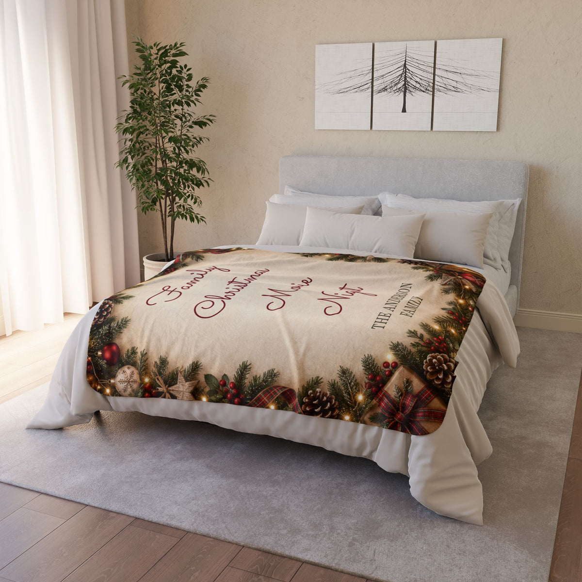Personalized Family Christmas Family Name Sherpa Movie Night Blanket