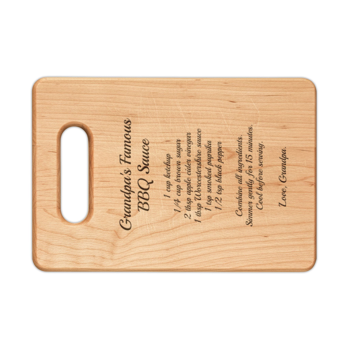 Grandpa's BBQ recipe cutting board, maple rectangle board with handle, engraved with Grandpa's Famous BBQ Sauce recipe