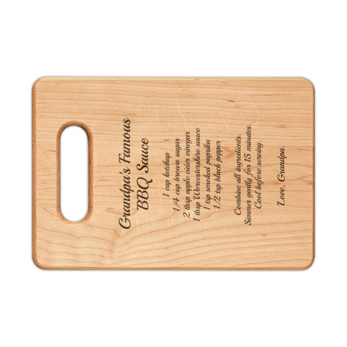 Grandpa's BBQ recipe cutting board, maple rectangle board with handle, engraved with Grandpa's Famous BBQ Sauce recipe