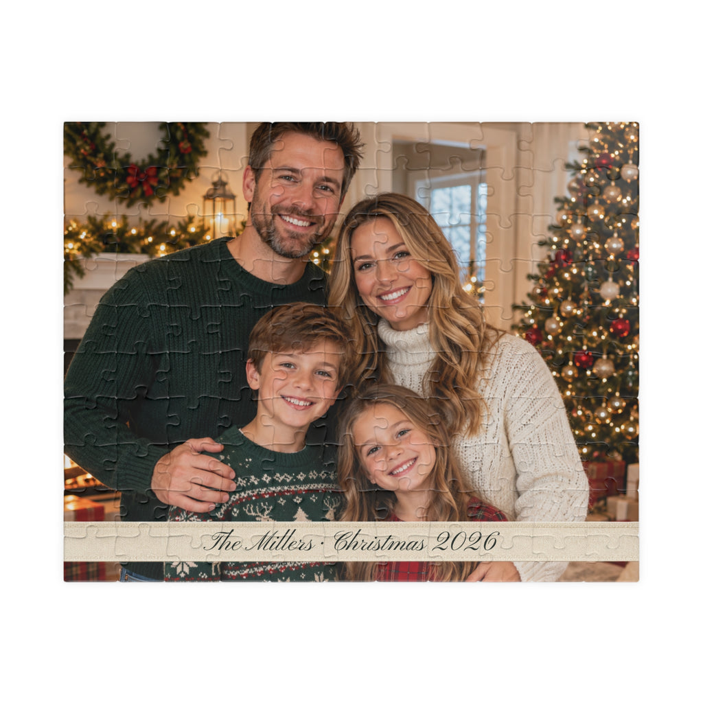 Custom photo puzzle in landscape format with a family by the Christmas tree and a name and year text line