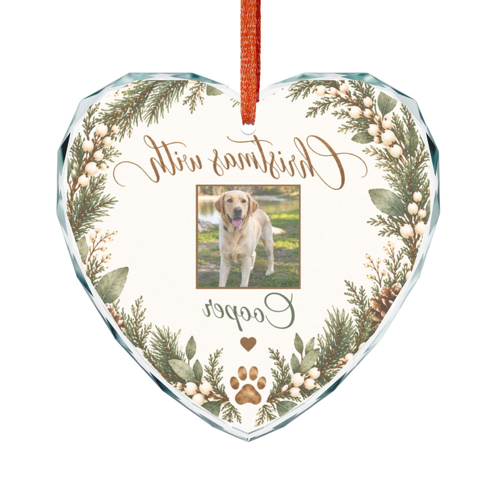 Heart glass pet ornament seen from the back with red hanging ribbon