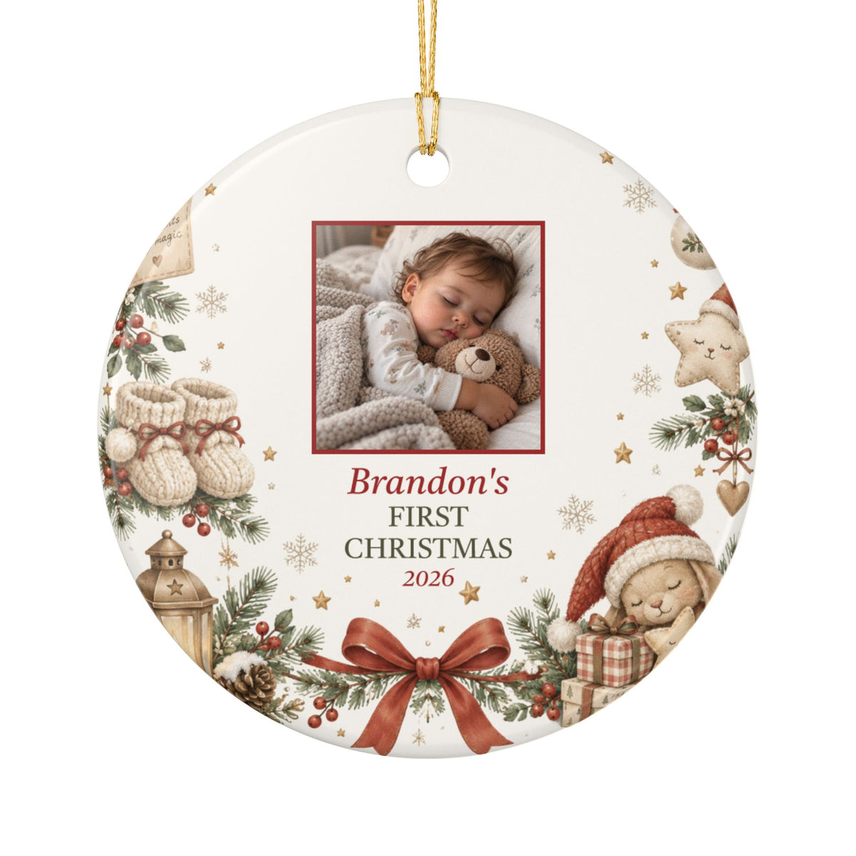 Personalized baby's first Christmas ornament with booties, stars and red bow, close-up