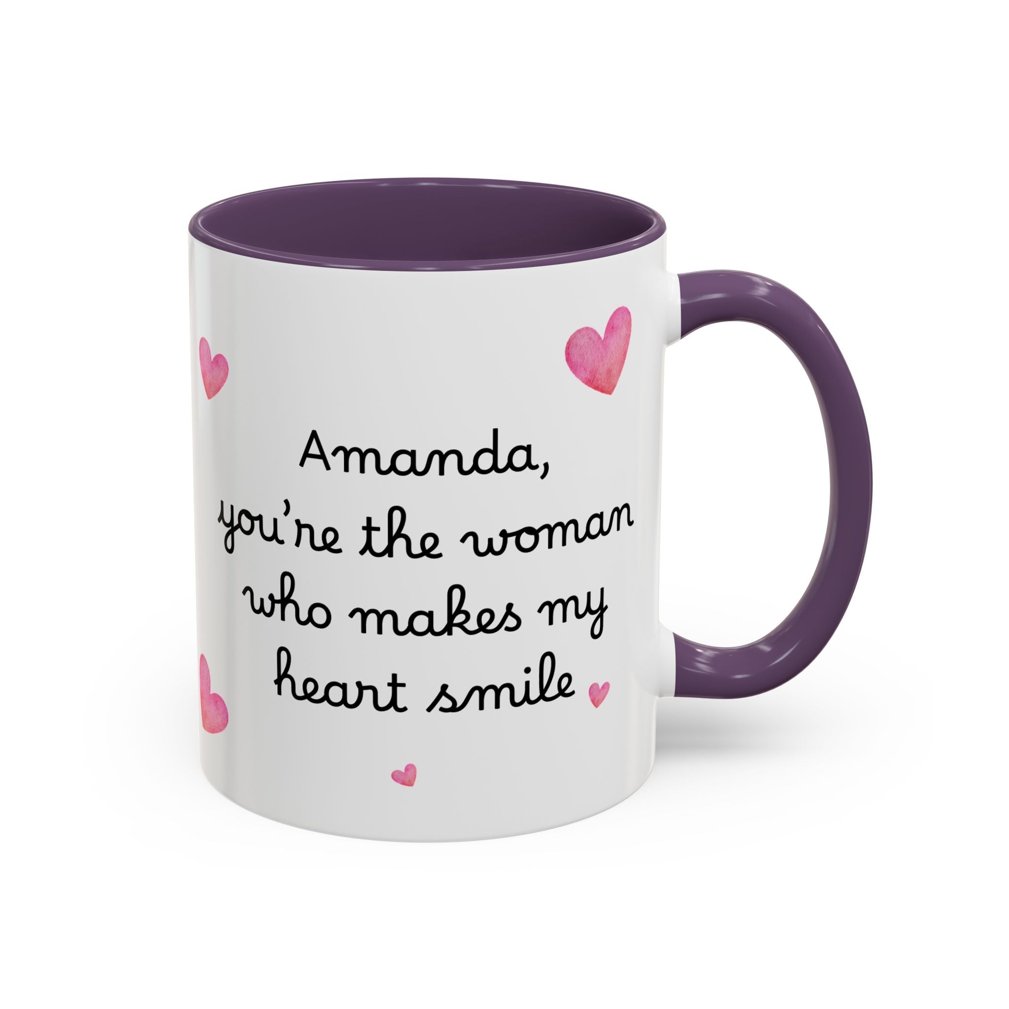 Personalized Heart Coffee Mug — "[Name], you’re the woman who makes my heart smile" (Accent 11/15oz)