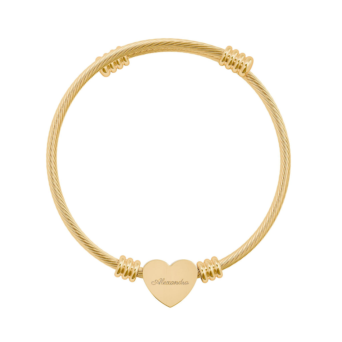 Personalized name heart cuff bracelet in gold finish, full cuff view with heart charm
