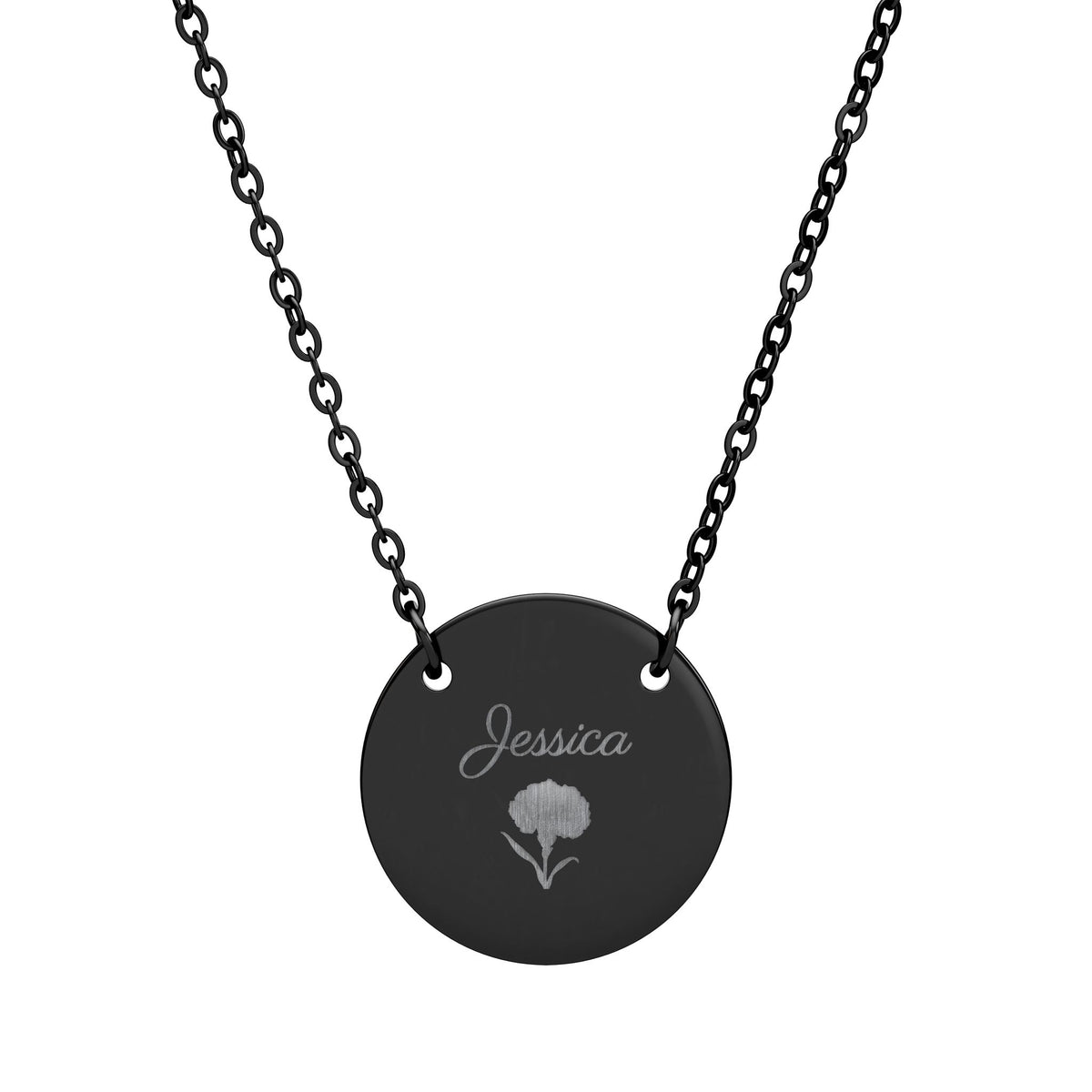 January birth flower necklace in black, engraved with a carnation and the name Jessica