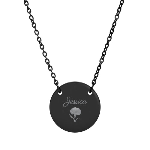 January birth flower necklace in black, engraved with a carnation and the name Jessica